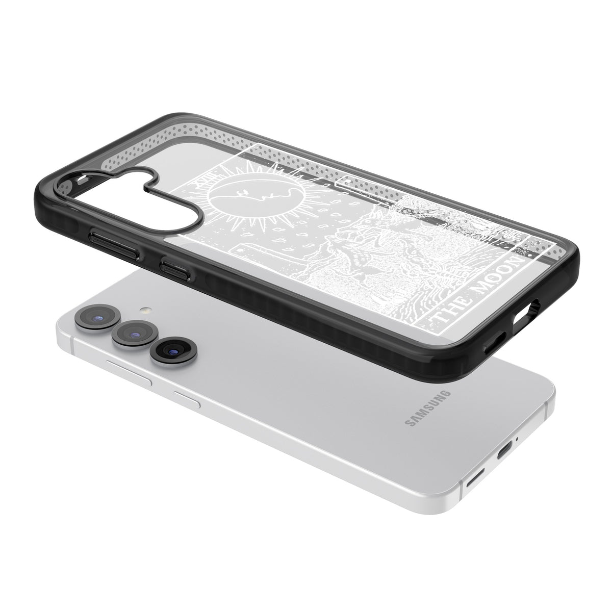 Personalised The Moon Tarot Card (White) Samsung S25 / Samsung S25 Plus / Samsung S26 / Samsung S26 Plus Impact Black Phone Case angled