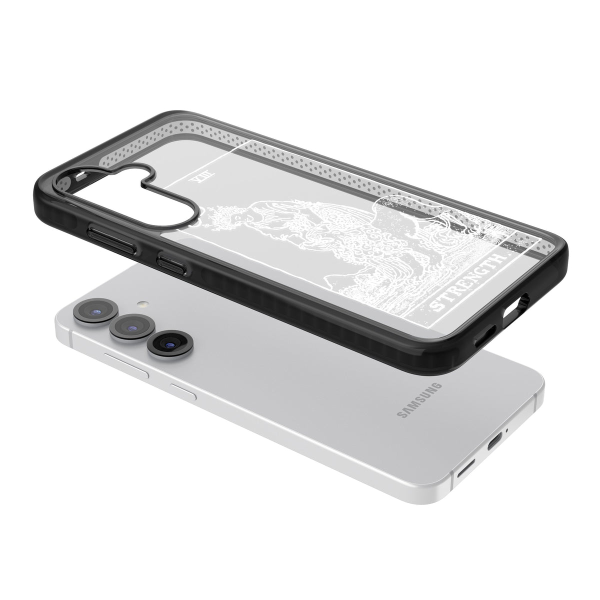 Personalised Strength Tarot Card (White) Samsung S25 / Samsung S25 Plus / Samsung S26 / Samsung S26 Plus Impact Black Phone Case angled
