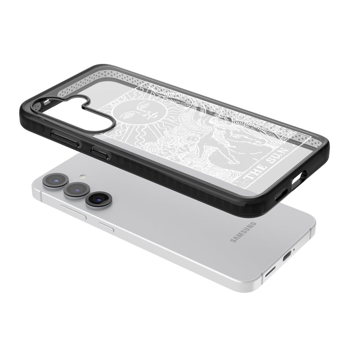 Personalised The Sun Tarot Card (White) Samsung S25 / Samsung S25 Plus / Samsung S26 / Samsung S26 Plus Impact Black Phone Case angled