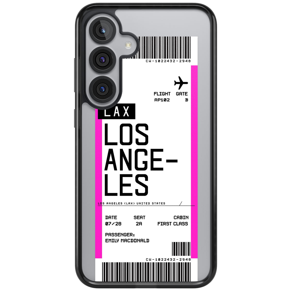 Personalised Los Angeles Boarding Pass Samsung S25 Plus / Samsung S26 / Samsung S26 Plus Impact Black Phone Case front