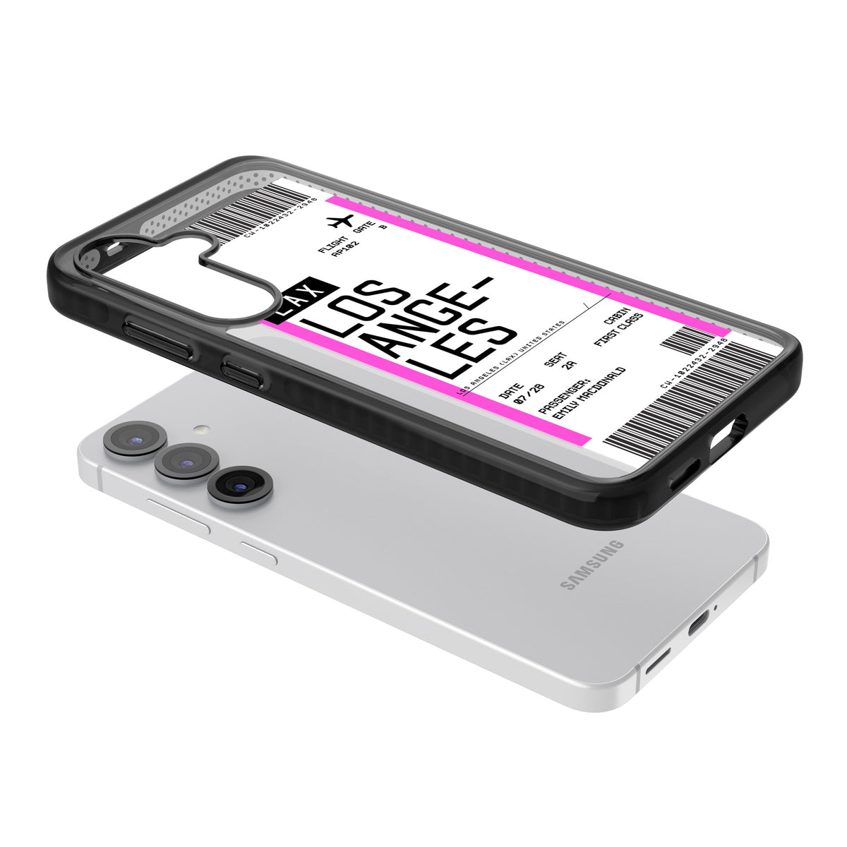 Personalised Los Angeles Boarding Pass Samsung S25 / Samsung S25 Plus / Samsung S26 / Samsung S26 Plus Impact Black Phone Case angled