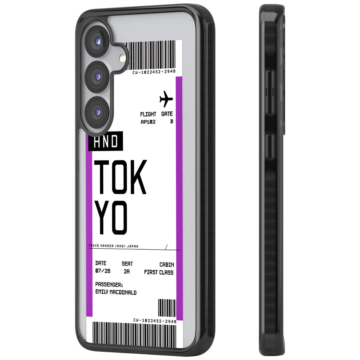 Personalised Tokyo Boarding Pass Samsung S25 / Samsung S25 Plus / Samsung S26 / Samsung S26 Plus Impact Black Phone Case side