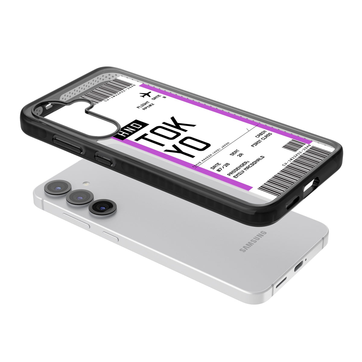 Personalised Tokyo Boarding Pass Samsung S25 / Samsung S25 Plus / Samsung S26 / Samsung S26 Plus Impact Black Phone Case angled