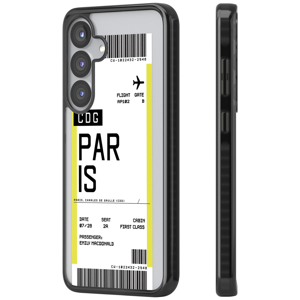 Personalised Paris Boarding Pass Samsung S25 / Samsung S25 Plus / Samsung S26 / Samsung S26 Plus Impact Black Phone Case side