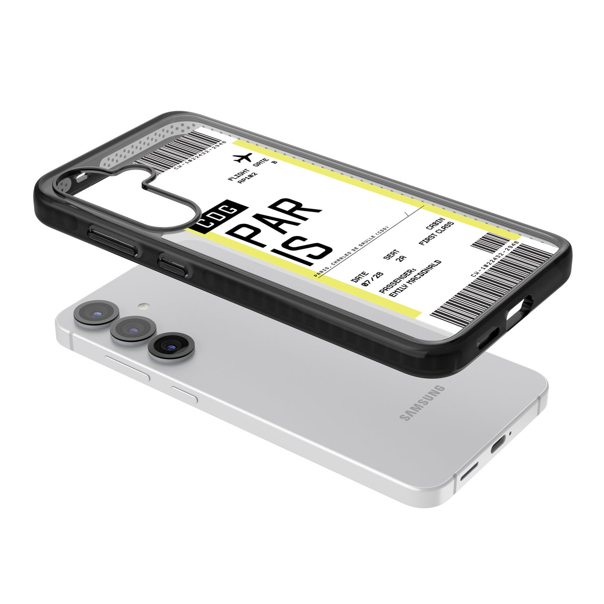Personalised Paris Boarding Pass Samsung S25 / Samsung S25 Plus / Samsung S26 / Samsung S26 Plus Impact Black Phone Case angled