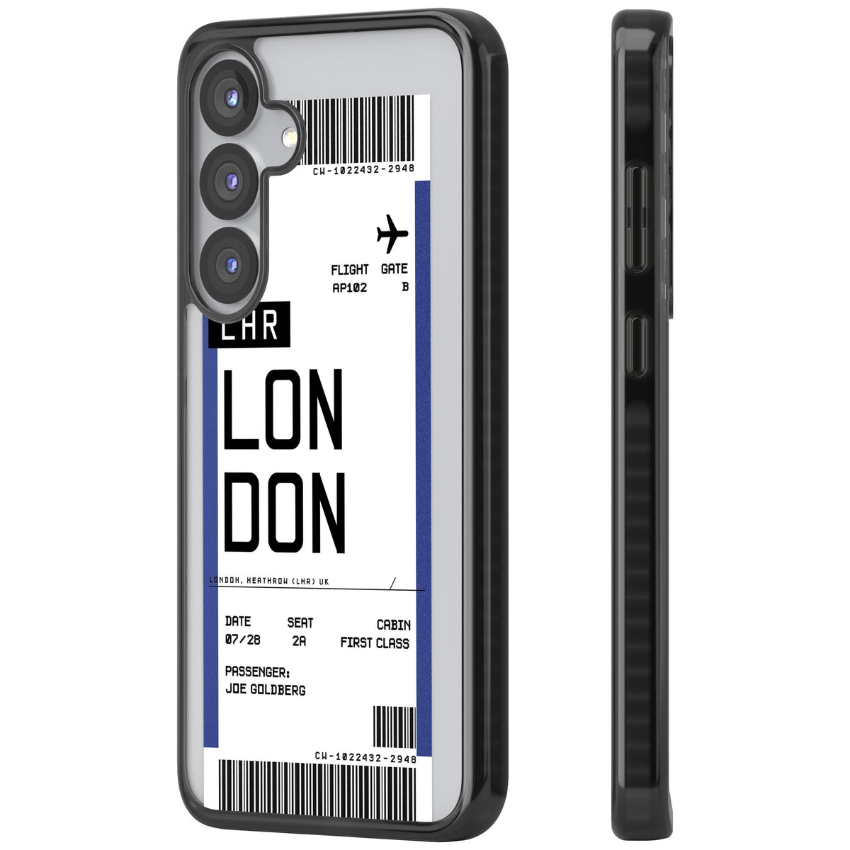 Personalised London Boarding Pass Samsung S25 / Samsung S25 Plus / Samsung S26 / Samsung S26 Plus Impact Black Phone Case side