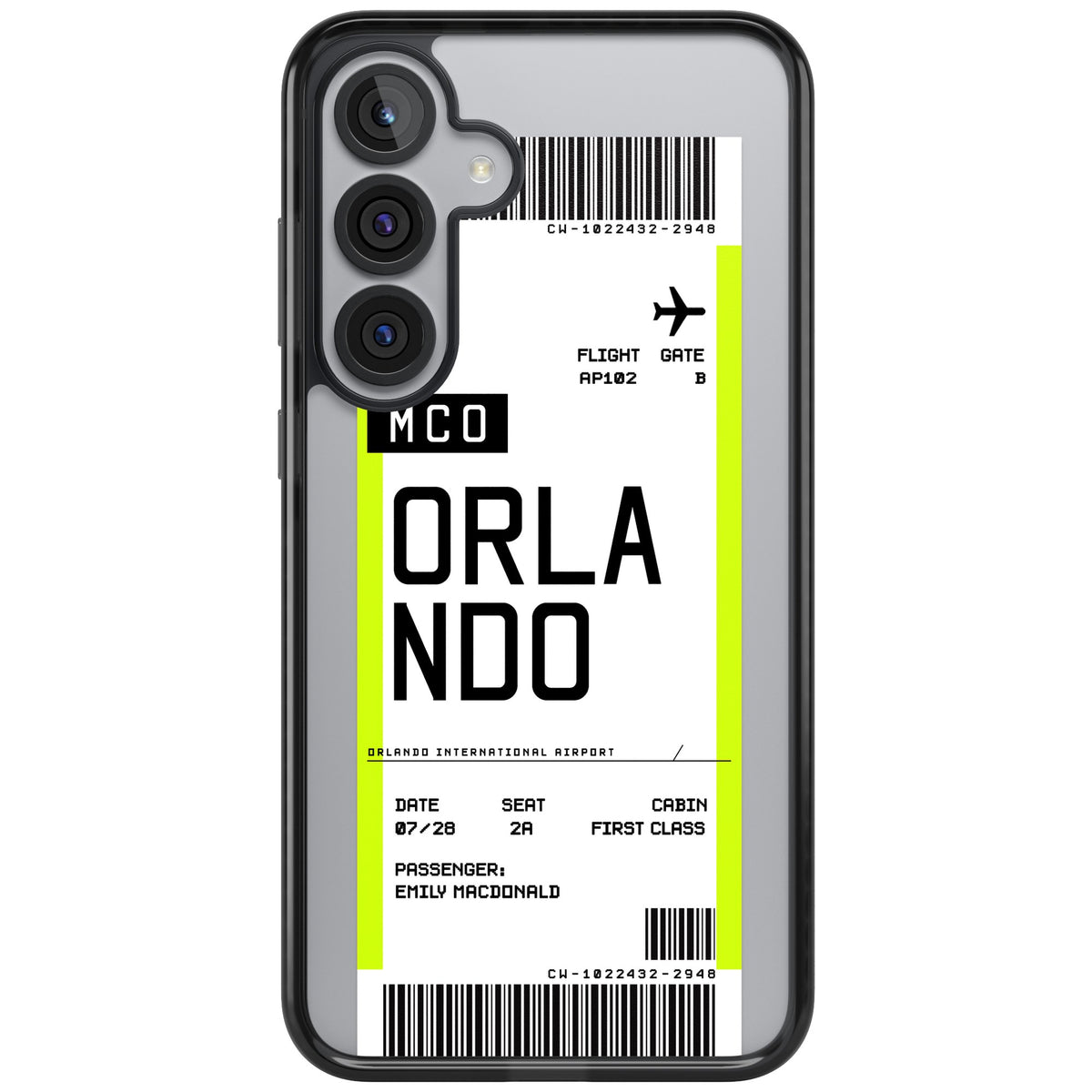Personalised Orlando Boarding Pass Samsung S25 Plus / Samsung S26 / Samsung S26 Plus Impact Black Phone Case front