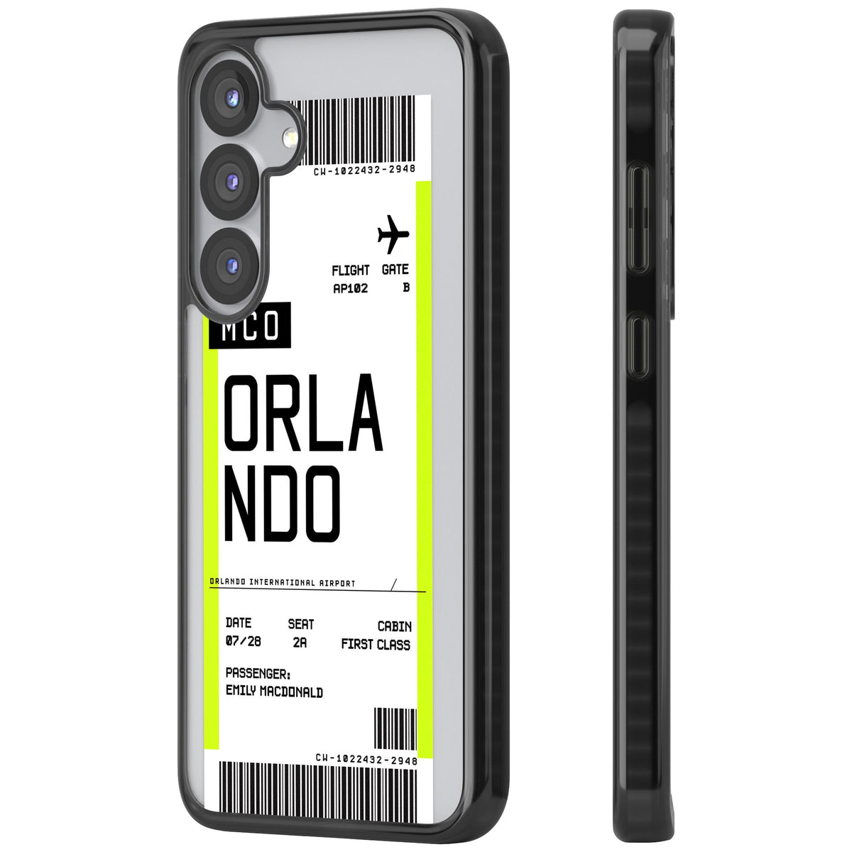 Personalised Orlando Boarding Pass Samsung S25 / Samsung S25 Plus / Samsung S26 / Samsung S26 Plus Impact Black Phone Case side