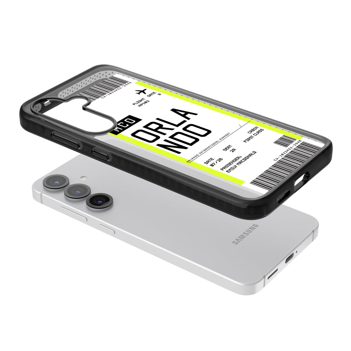 Personalised Orlando Boarding Pass Samsung S25 / Samsung S25 Plus / Samsung S26 / Samsung S26 Plus Impact Black Phone Case angled