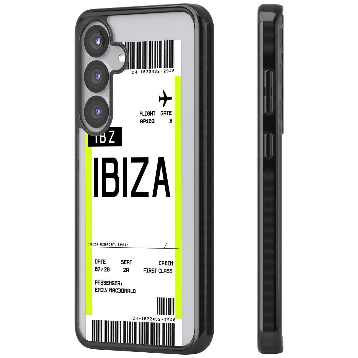 Personalised Ibiza Boarding Pass Samsung S25 / Samsung S25 Plus / Samsung S26 / Samsung S26 Plus Impact Black Phone Case side