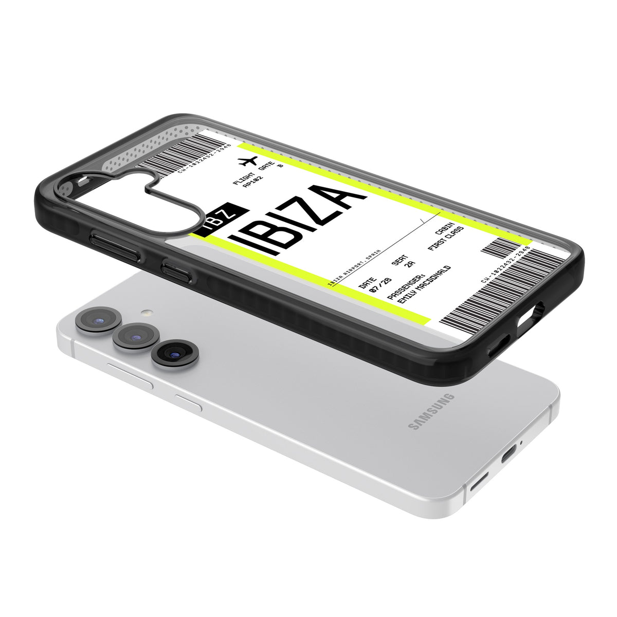 Personalised Ibiza Boarding Pass Samsung S25 / Samsung S25 Plus / Samsung S26 / Samsung S26 Plus Impact Black Phone Case angled
