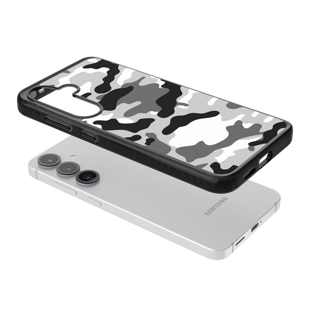 Grey Camo Samsung S25 / Samsung S25 Plus / Samsung S26 / Samsung S26 Plus Impact Black Phone Case angled