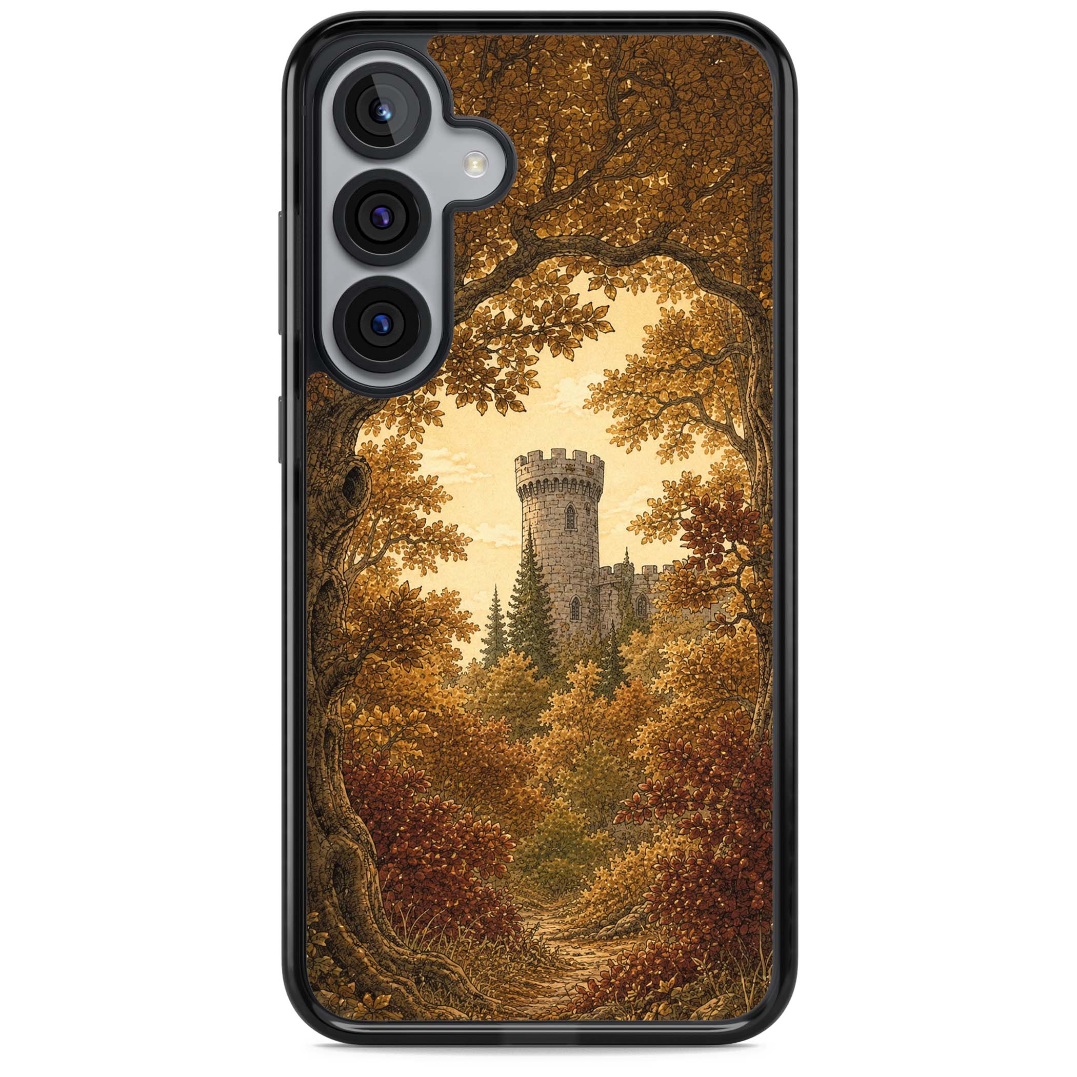 Autumn Keep cottagecore iPhone case featuring a medieval castle tower framed by golden autumn trees and woodland foliage | Black Impact case for Samsung Galaxy S25, Samsung Galaxy S25 Plus