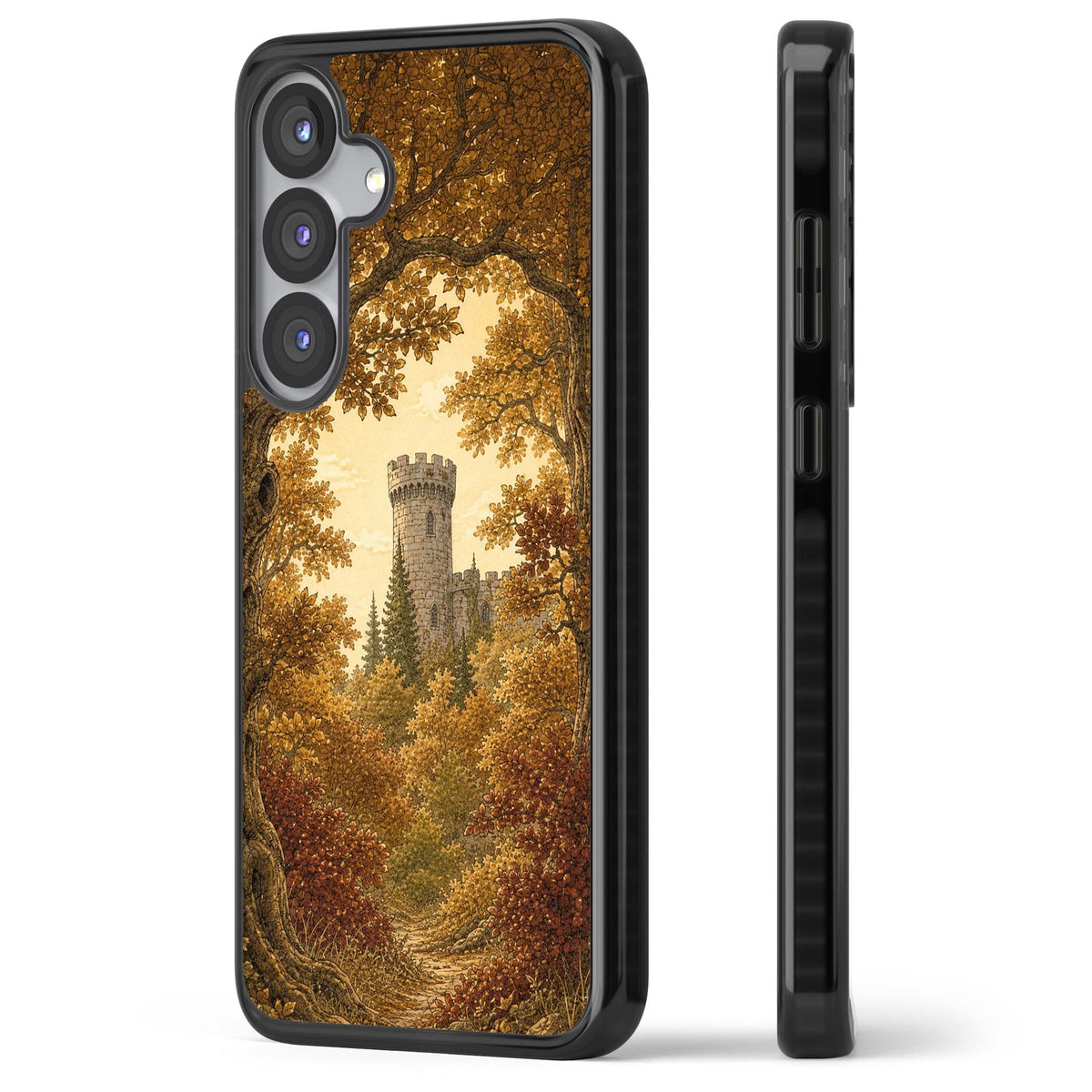 Autumn Keep cottagecore iPhone case featuring a medieval castle tower framed by golden autumn trees and woodland foliage | Black Impact case for Samsung Galaxy S25, Samsung Galaxy S25 Plus