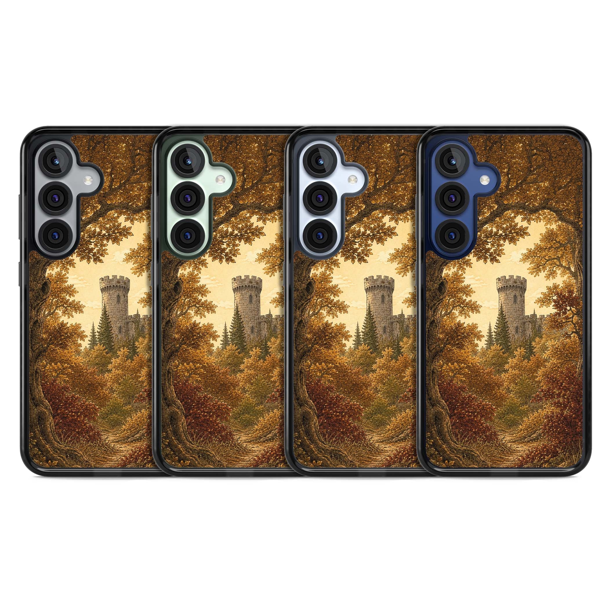 Autumn Keep cottagecore iPhone case featuring a medieval castle tower framed by golden autumn trees and woodland foliage | Black Impact case for Samsung Galaxy S25, Samsung Galaxy S25 Plus