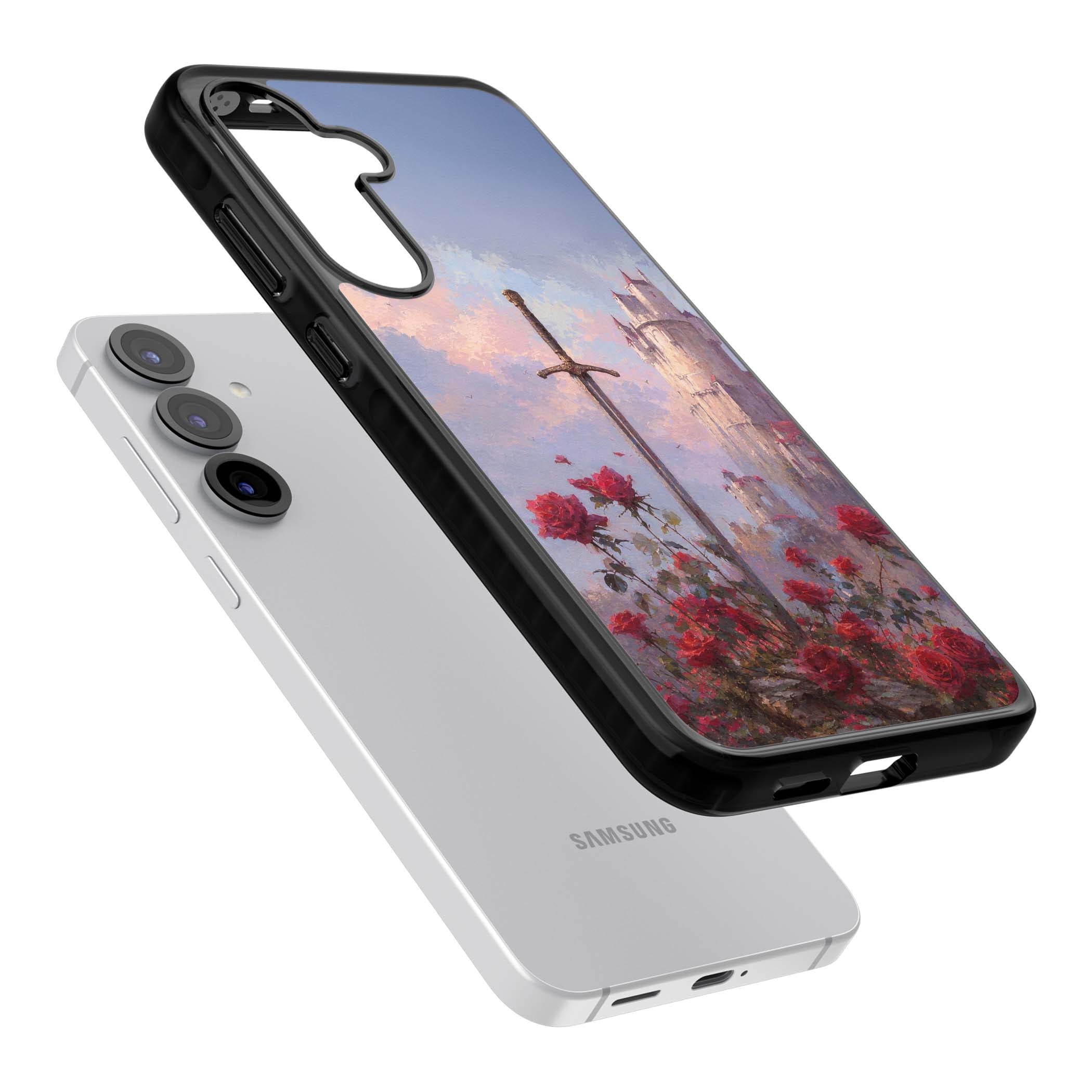 Sword in Roses medieval art iPhone case featuring a sword, red roses, and a misty fairytale castle at sunset | Black Impact case for Samsung Galaxy S25, Samsung Galaxy S25 Plus