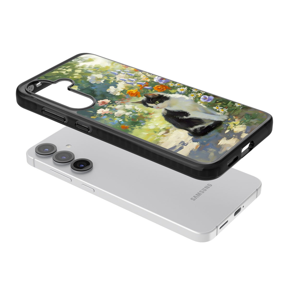 Cat In The Meadow Samsung S25 / Samsung S25 Plus / Samsung S26 / Samsung S26 Plus Impact Black Phone Case angled