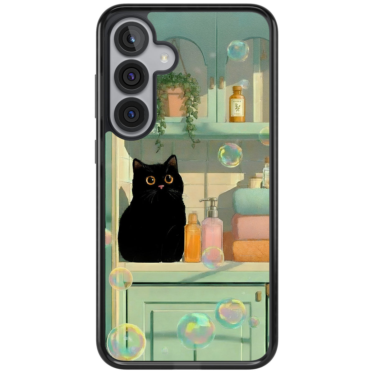Bathroom Bubble Kitty Samsung S25 Plus / Samsung S26 / Samsung S26 Plus Impact Black Phone Case front