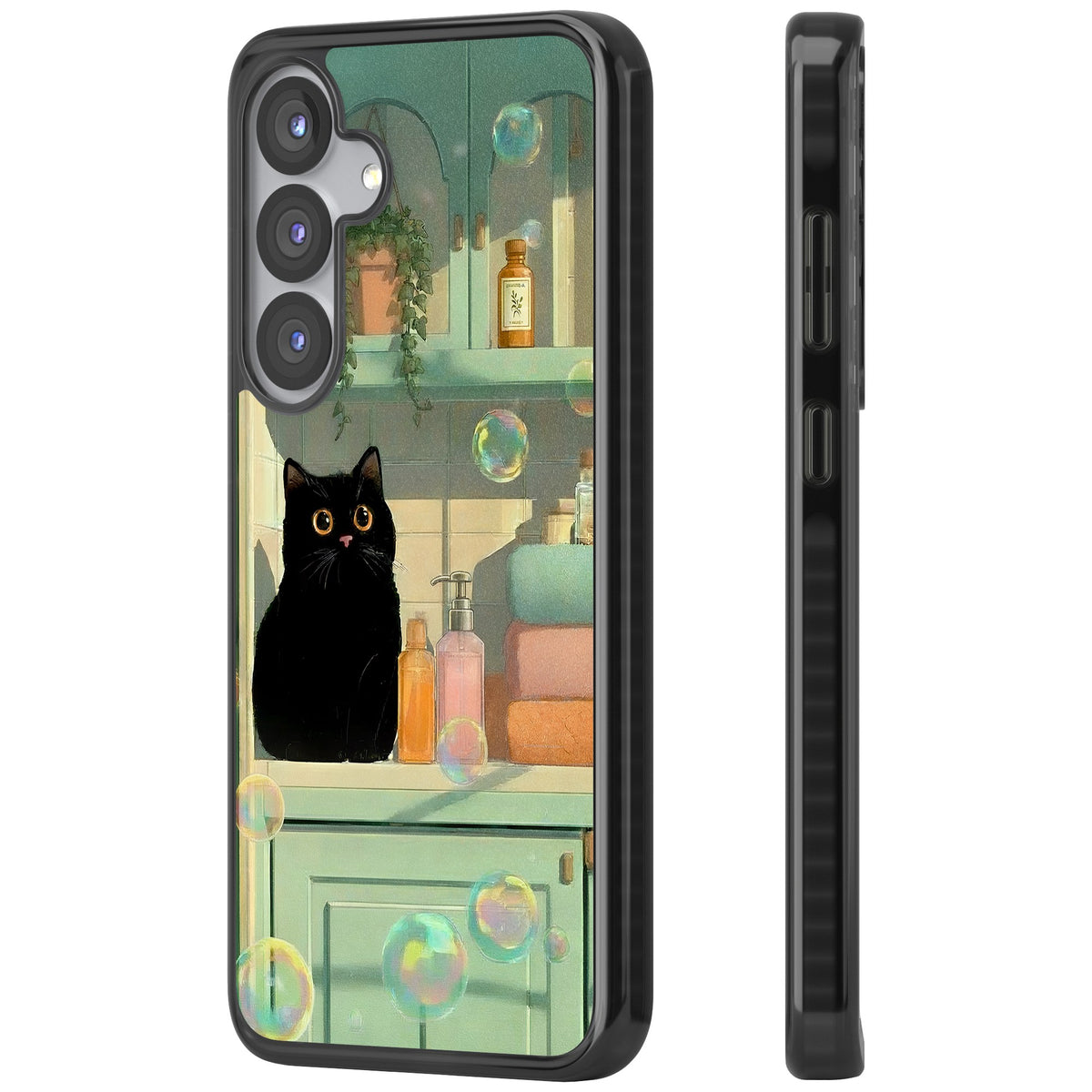 Bathroom Bubble Kitty Samsung S25 / Samsung S25 Plus / Samsung S26 / Samsung S26 Plus Impact Black Phone Case side