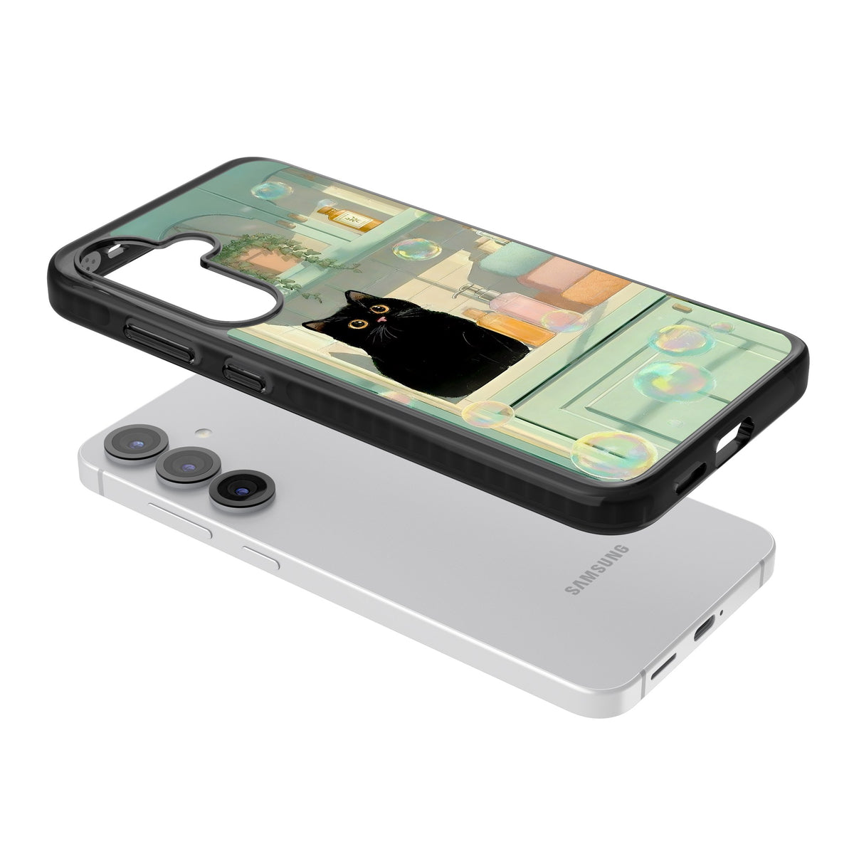 Bathroom Bubble Kitty Samsung S25 / Samsung S25 Plus / Samsung S26 / Samsung S26 Plus Impact Black Phone Case angled