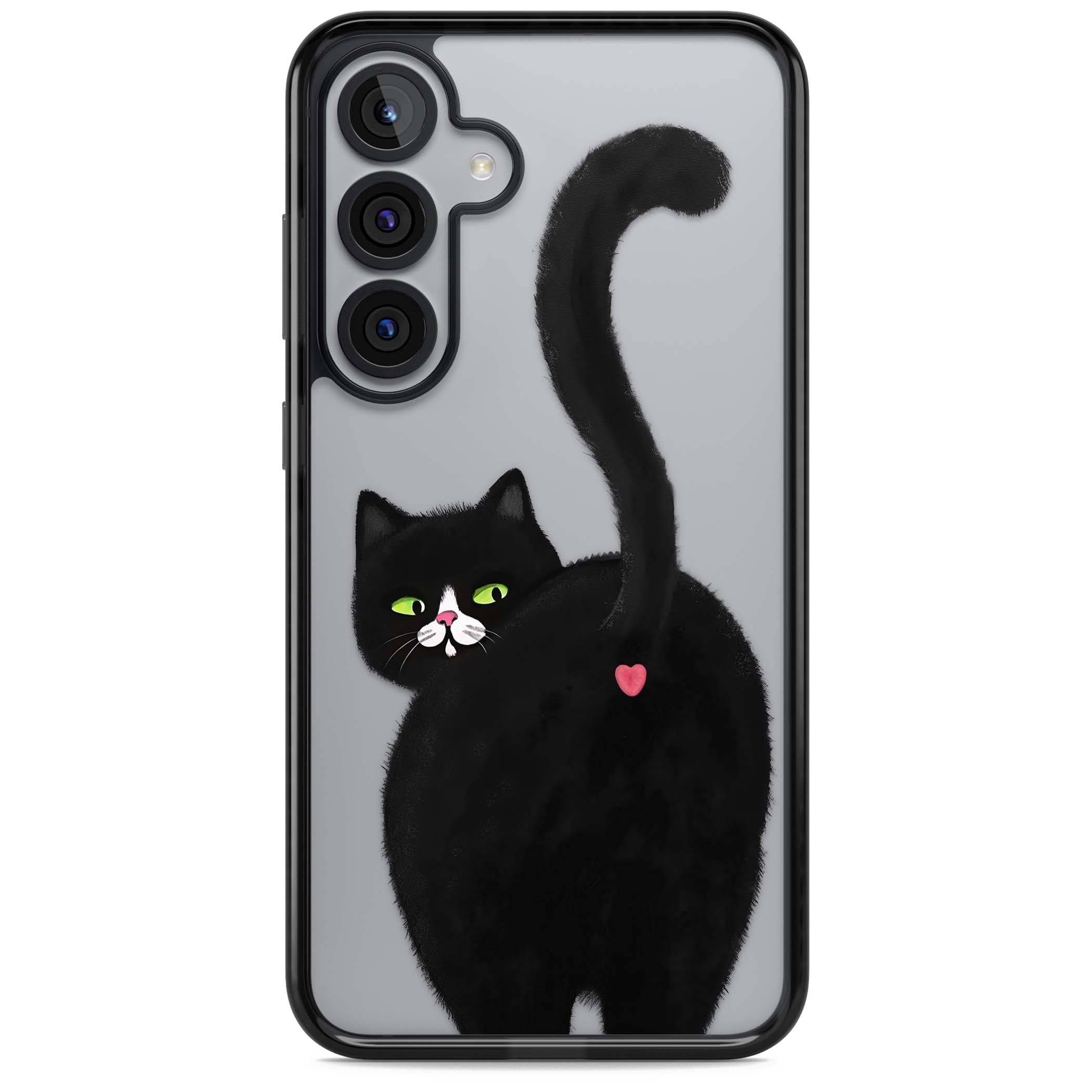 The Cat's Kiss cute cat iPhone case featuring a hand-painted tuxedo kitty with green eyes and a pink heart on a clear  | Black Impact case for Samsung Galaxy S25, Samsung Galaxy S25 Plus