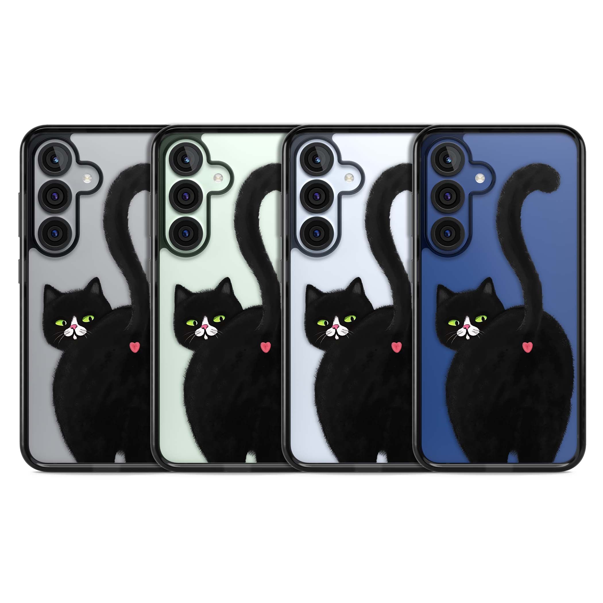 The Cat's Kiss cute cat iPhone case featuring a hand-painted tuxedo kitty with green eyes and a pink heart on a clear  | Black Impact case for Samsung Galaxy S25, Samsung Galaxy S25 Plus