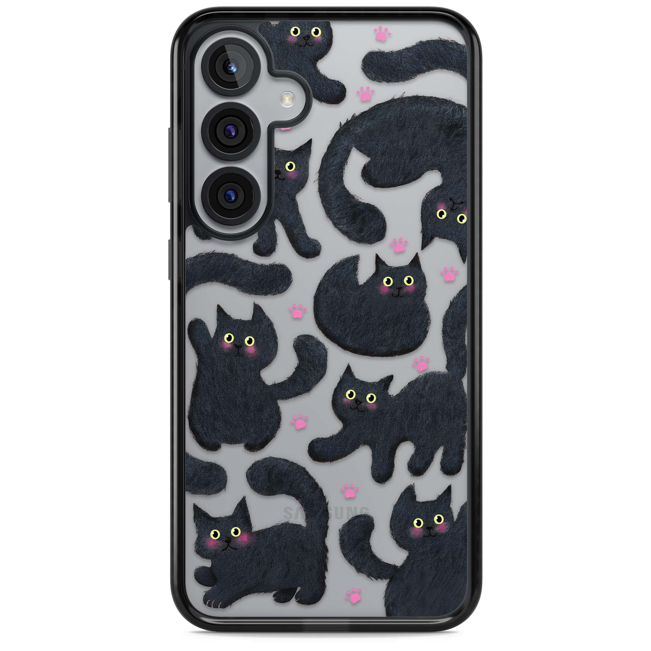 Midnight Cats cute iPhone case featuring black cat pattern with yellow eyes and pink paw prints | Black Impact case for Samsung Galaxy S25, Samsung Galaxy S25 Plus