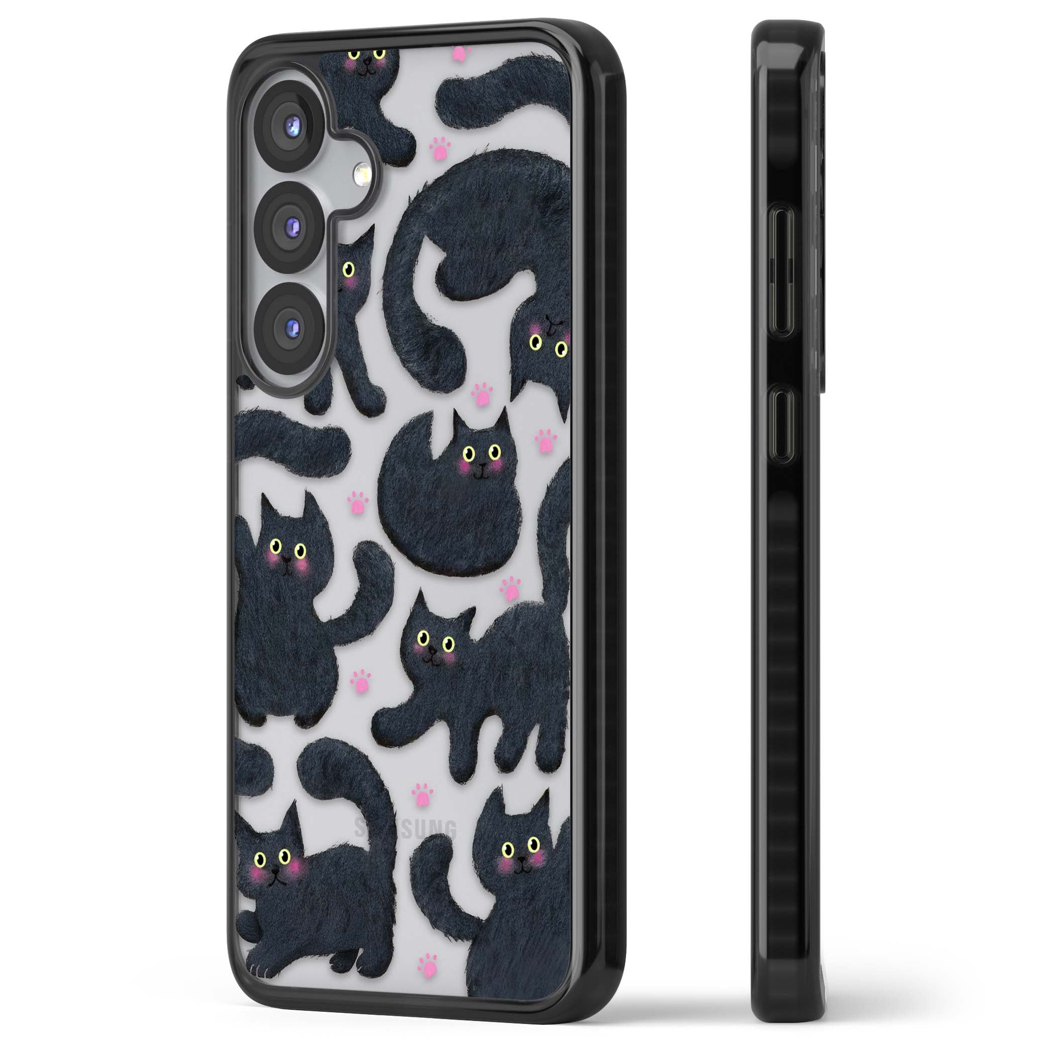 Midnight Cats cute iPhone case featuring black cat pattern with yellow eyes and pink paw prints | Black Impact case for Samsung Galaxy S25, Samsung Galaxy S25 Plus