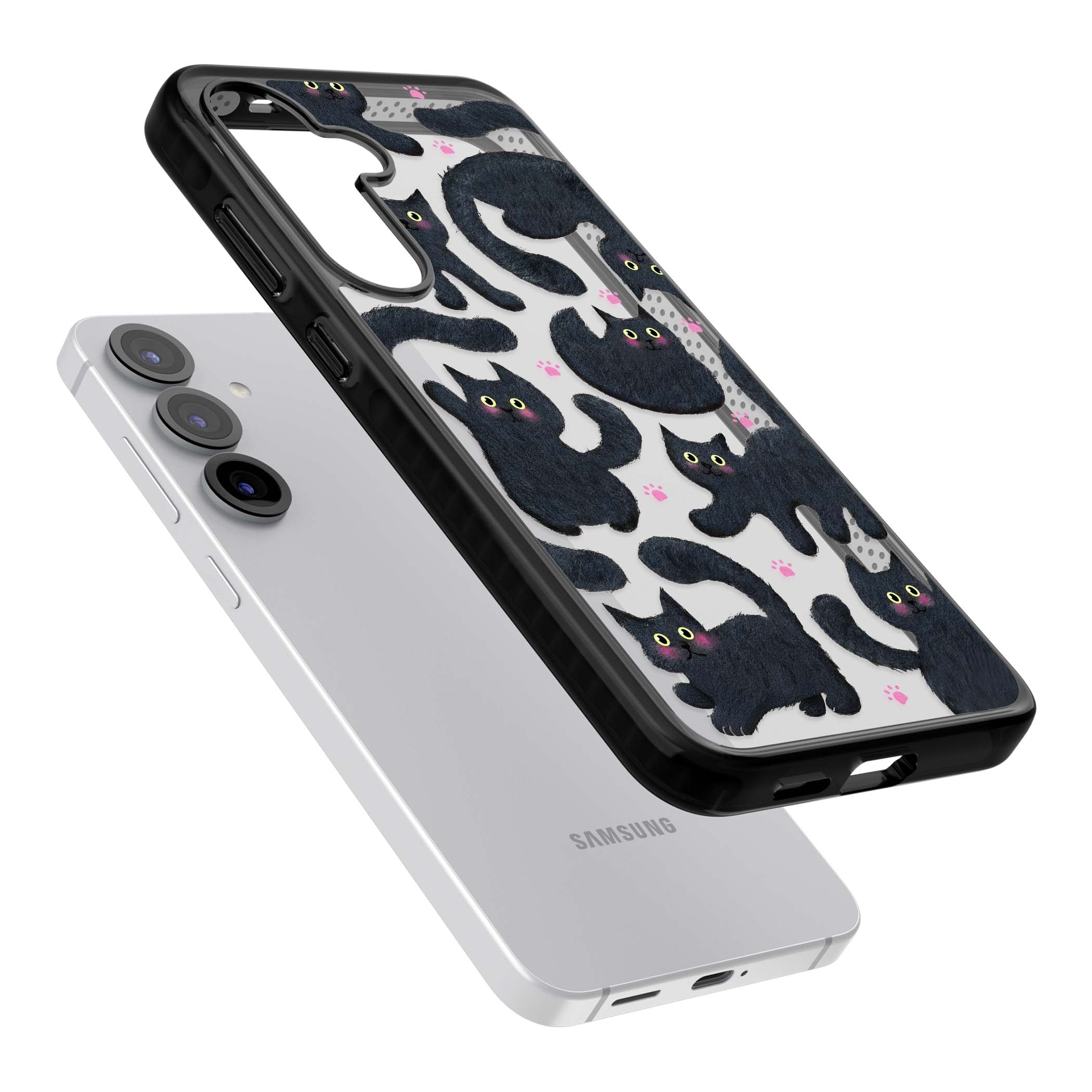 Midnight Cats cute iPhone case featuring black cat pattern with yellow eyes and pink paw prints | Black Impact case for Samsung Galaxy S25, Samsung Galaxy S25 Plus