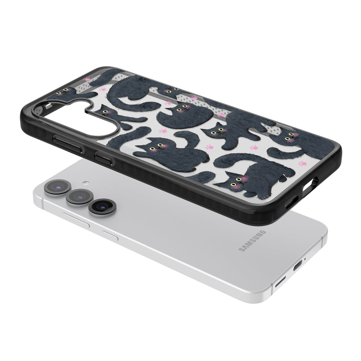 Midnight Cats Samsung S25 / Samsung S25 Plus / Samsung S26 / Samsung S26 Plus Impact Black Phone Case angled