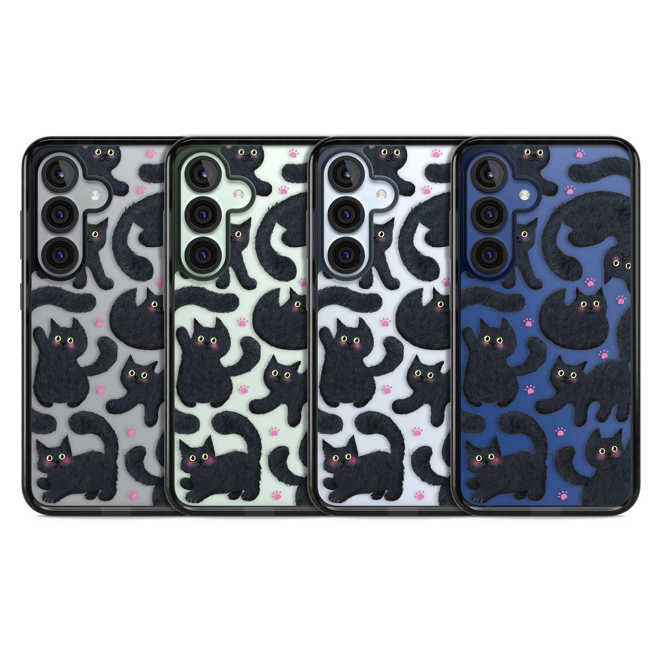 Midnight Cats cute iPhone case featuring black cat pattern with yellow eyes and pink paw prints | Black Impact case for Samsung Galaxy S25, Samsung Galaxy S25 Plus