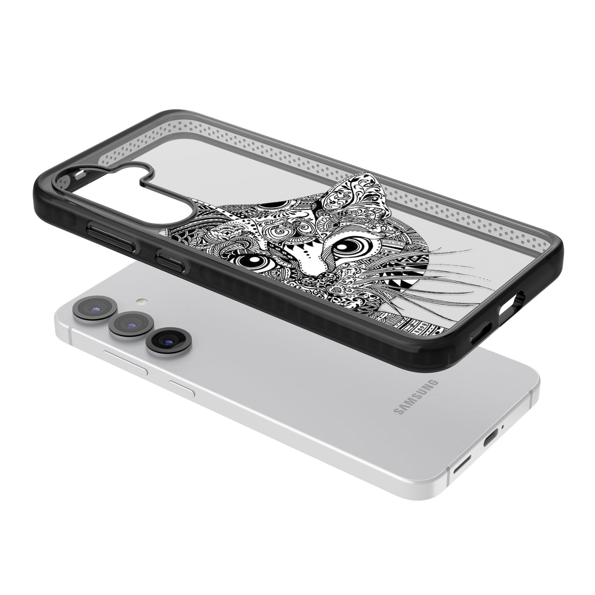 Henna Cat Samsung S25 / Samsung S25 Plus / Samsung S26 / Samsung S26 Plus Impact Black Phone Case angled