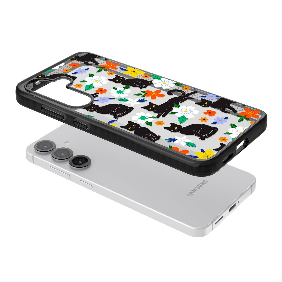 Cat Flowers Samsung S25 / Samsung S25 Plus / Samsung S26 / Samsung S26 Plus Impact Black Phone Case angled