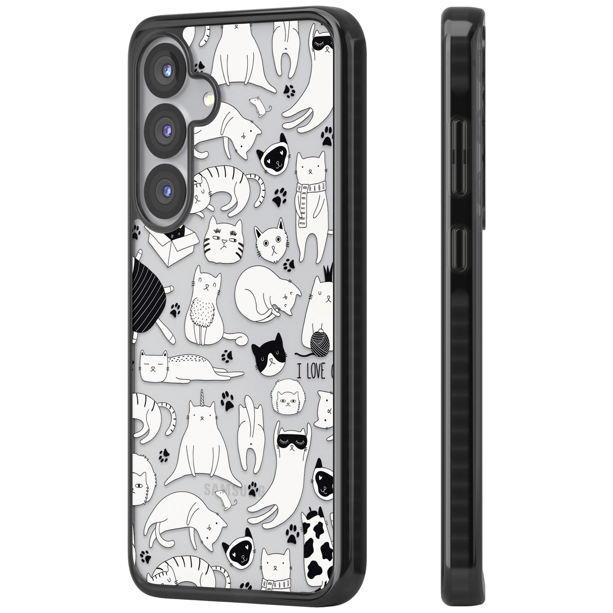 Cartoon Cats (Black & White) Samsung S25 / Samsung S25 Plus / Samsung S26 / Samsung S26 Plus Impact Black Phone Case side