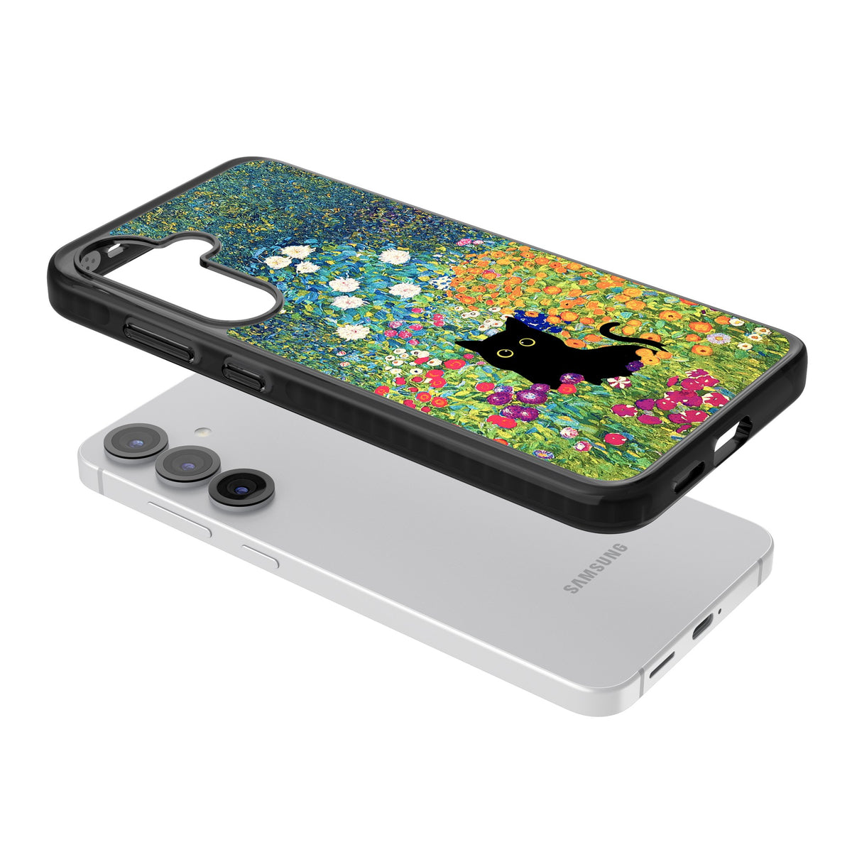 Cat in Klimt's Garden Samsung S25 / Samsung S25 Plus / Samsung S26 / Samsung S26 Plus Impact Black Phone Case angled