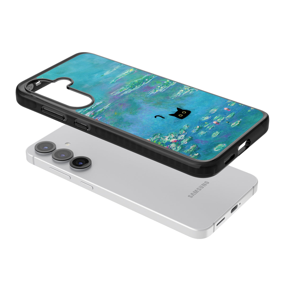 Cat in Monet's Water Lillies Samsung S25 / Samsung S25 Plus / Samsung S26 / Samsung S26 Plus Impact Black Phone Case angled