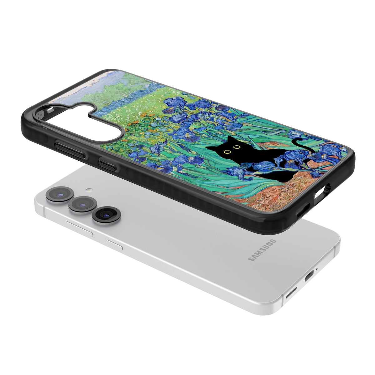 Cat in Van Gogh's Irises Samsung S25 / Samsung S25 Plus / Samsung S26 / Samsung S26 Plus Impact Black Phone Case angled