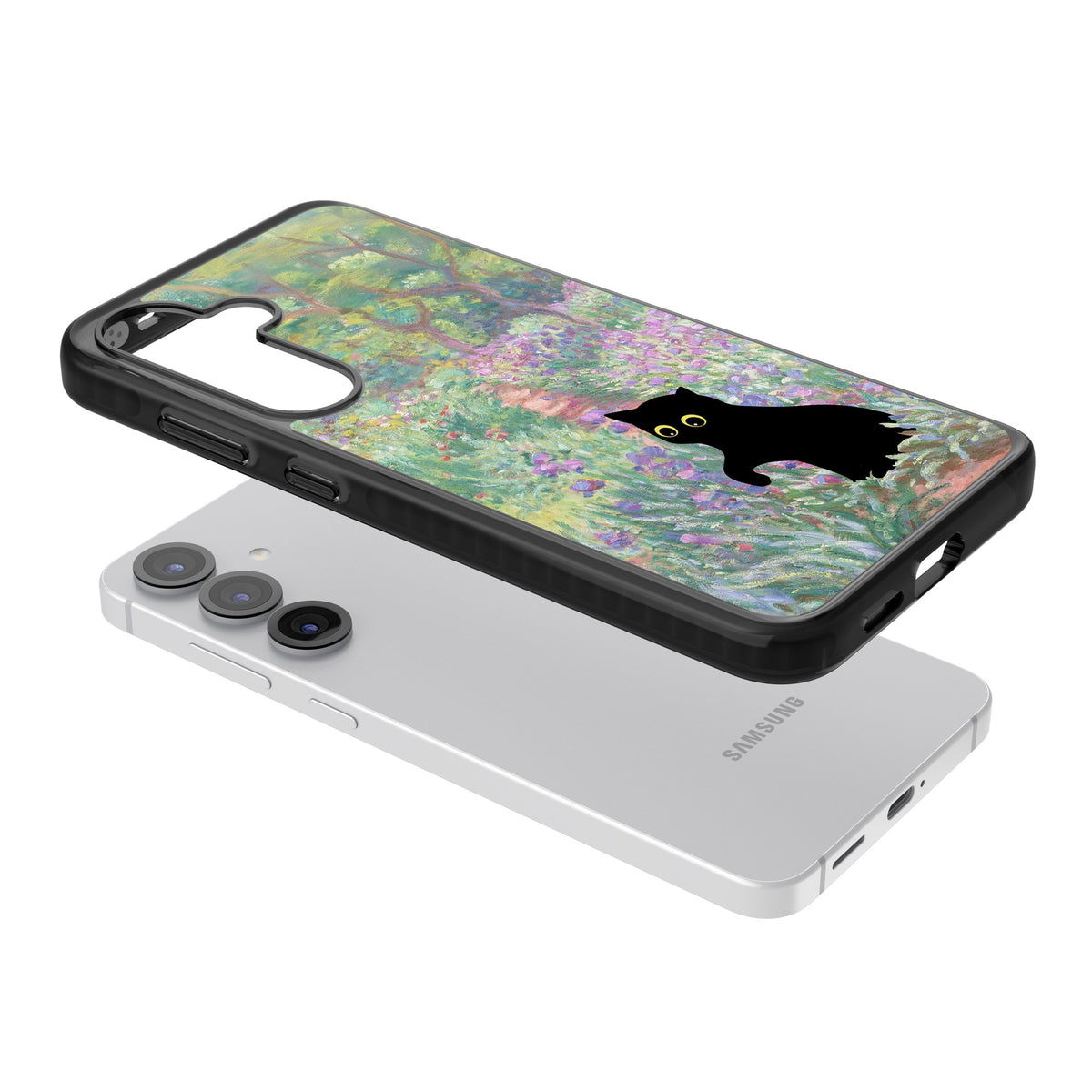 Cat in Monet's Giverny Garden Samsung S25 / Samsung S25 Plus / Samsung S26 / Samsung S26 Plus Impact Black Phone Case angled