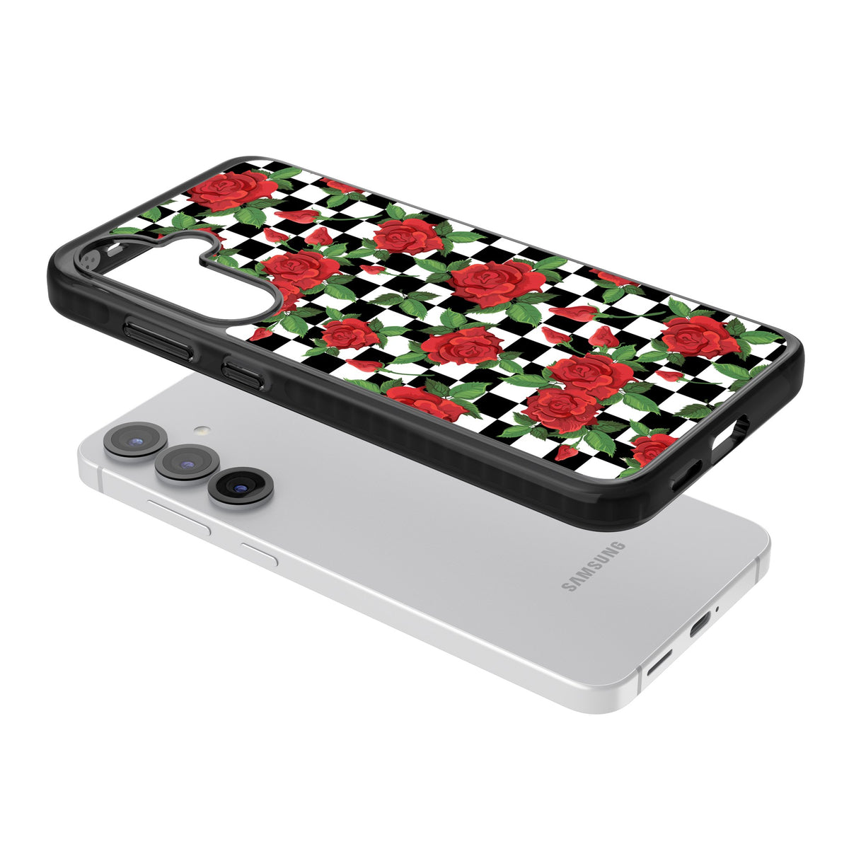 Checkered Roses Samsung S25 / Samsung S25 Plus / Samsung S26 / Samsung S26 Plus Impact Black Phone Case angled