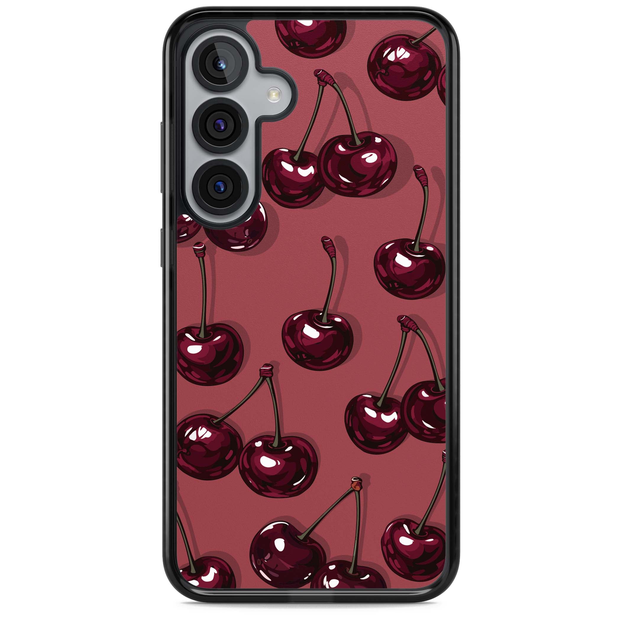 Cherry Rebel coquette iPhone case featuring glossy burgundy cherries on a dusty rose background | Black Impact case for Samsung Galaxy S25, Samsung Galaxy S25 Plus