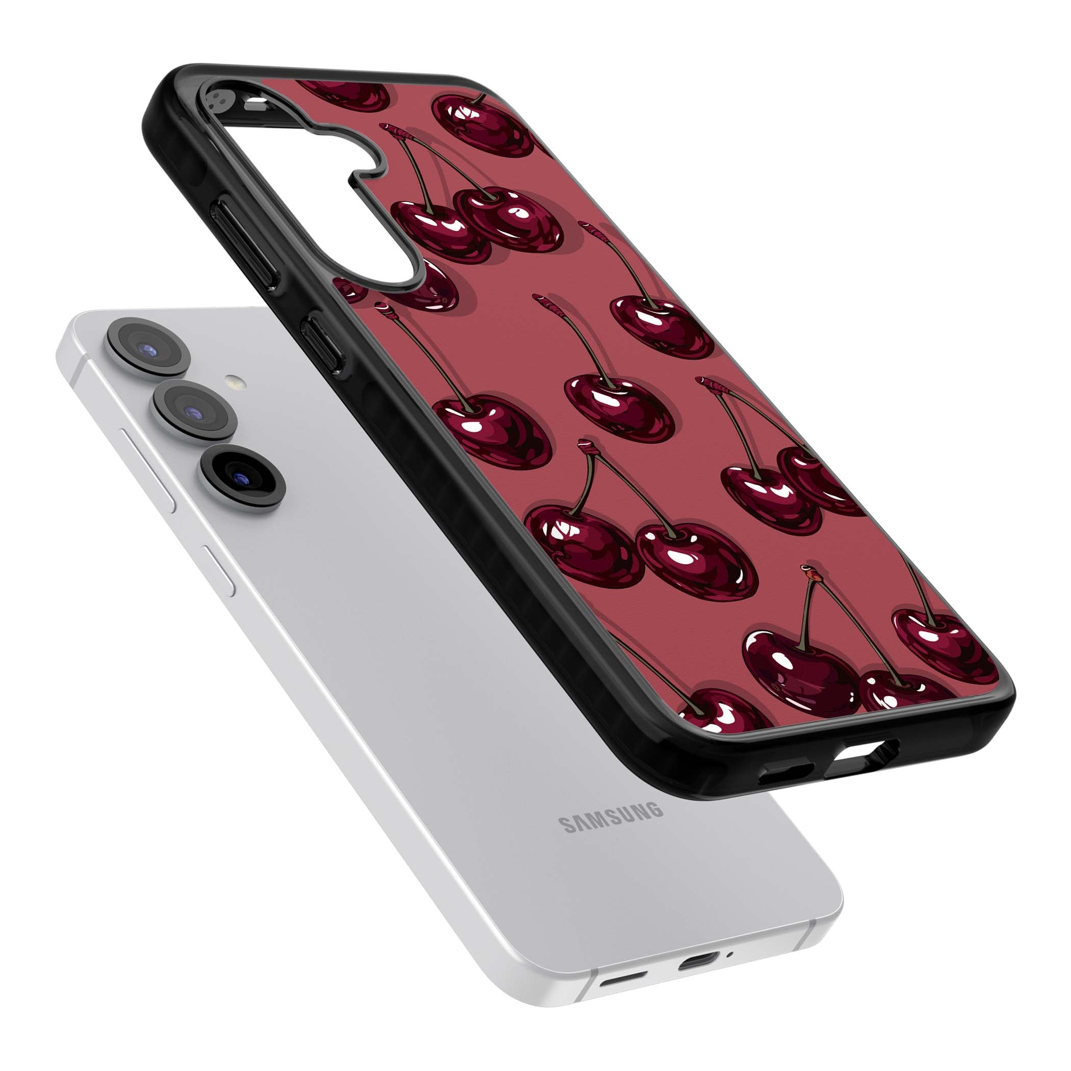 Cherry Rebel coquette iPhone case featuring glossy burgundy cherries on a dusty rose background | Black Impact case for Samsung Galaxy S25, Samsung Galaxy S25 Plus