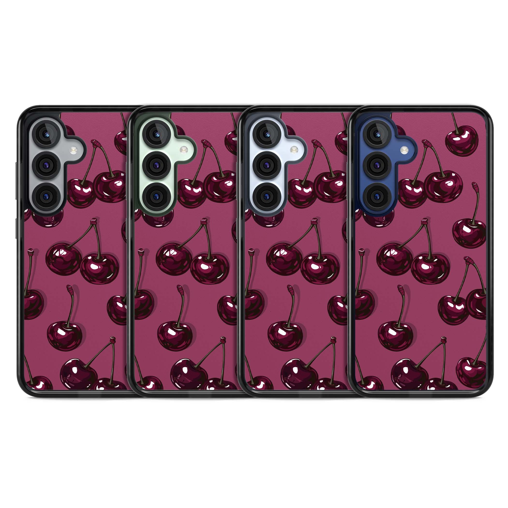 Cherry Soda coquette iPhone case featuring glossy burgundy cherries on a dusty pink background | Black Impact case for Samsung Galaxy S25, Samsung Galaxy S25 Plus