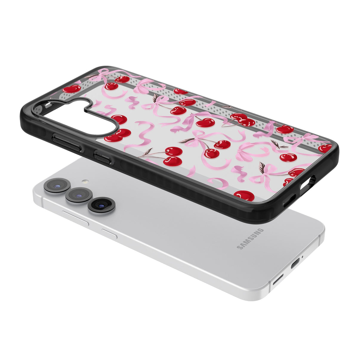 Pink Bow & Cherries Samsung S25 / Samsung S25 Plus / Samsung S26 / Samsung S26 Plus Impact Black Phone Case angled