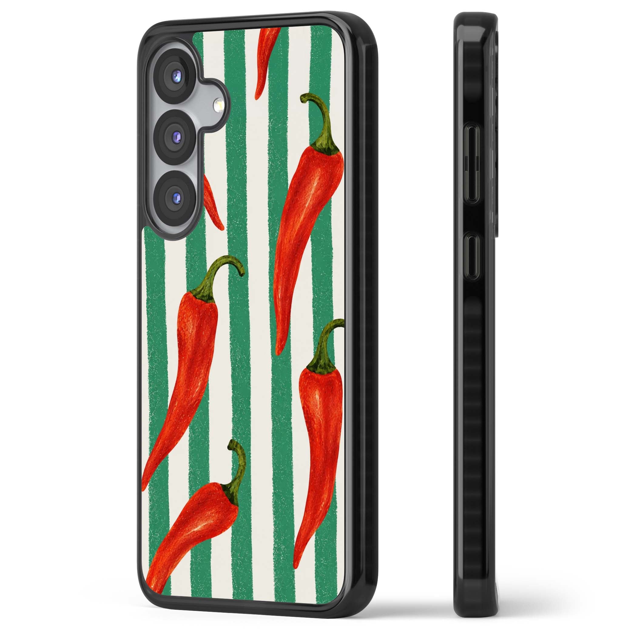 Striped Chillis coastal iPhone case featuring hand-painted red chili peppers on green and cream stripes | Black Impact case for Samsung Galaxy S25, Samsung Galaxy S25 Plus