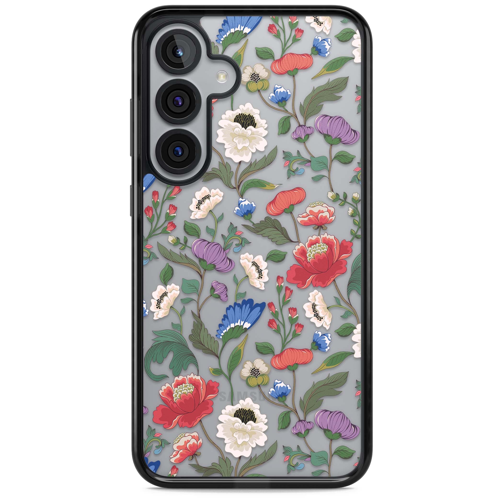 Chinoiserie Bloom vintage floral iPhone case featuring hand-painted peonies, poppies and trailing wildflowers on clear... | Black Impact case for Samsung Galaxy S25, Samsung Galaxy S25 Plus