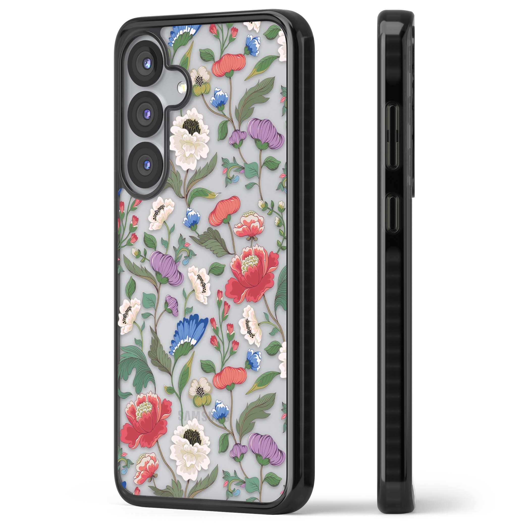 Chinoiserie Bloom vintage floral iPhone case featuring hand-painted peonies, poppies and trailing wildflowers on clear... | Black Impact case for Samsung Galaxy S25, Samsung Galaxy S25 Plus