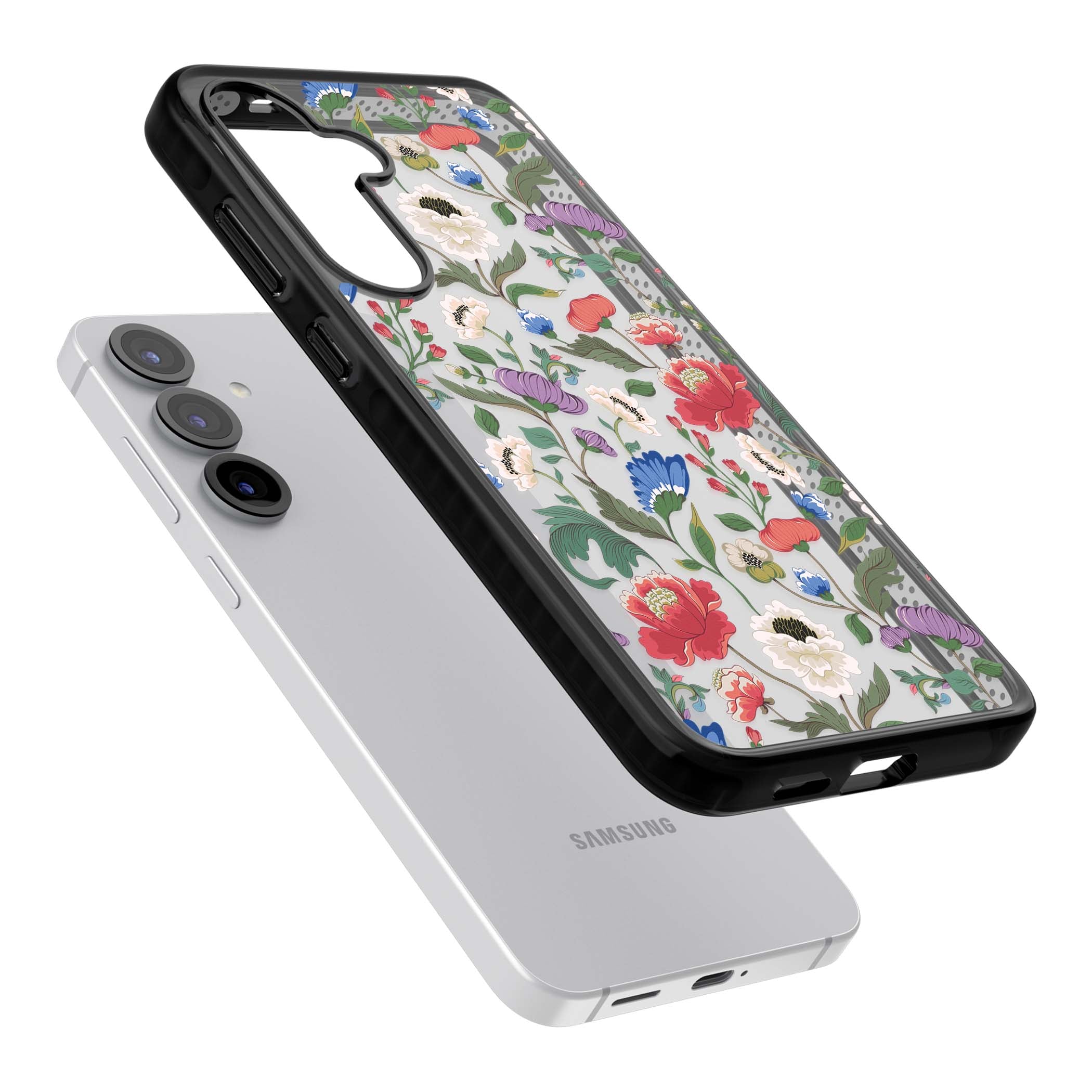 Chinoiserie Bloom vintage floral iPhone case featuring hand-painted peonies, poppies and trailing wildflowers on clear... | Black Impact case for Samsung Galaxy S25, Samsung Galaxy S25 Plus