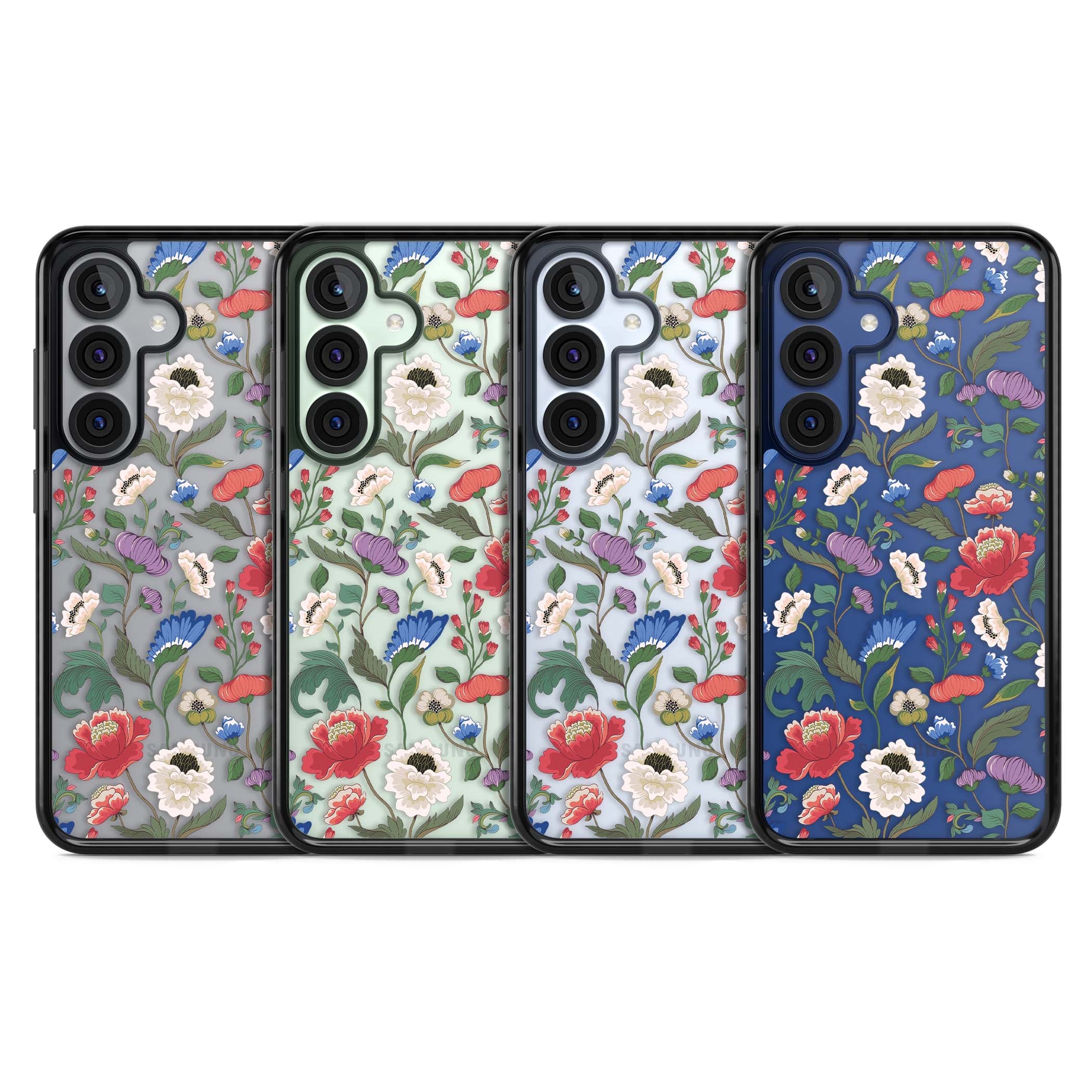 Chinoiserie Bloom vintage floral iPhone case featuring hand-painted peonies, poppies and trailing wildflowers on clear... | Black Impact case for Samsung Galaxy S25, Samsung Galaxy S25 Plus