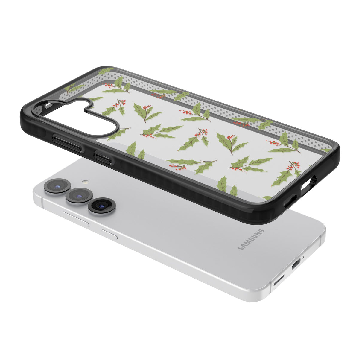 Christmas Holly Pattern Samsung S25 / Samsung S25 Plus / Samsung S26 / Samsung S26 Plus Impact Black Phone Case angled