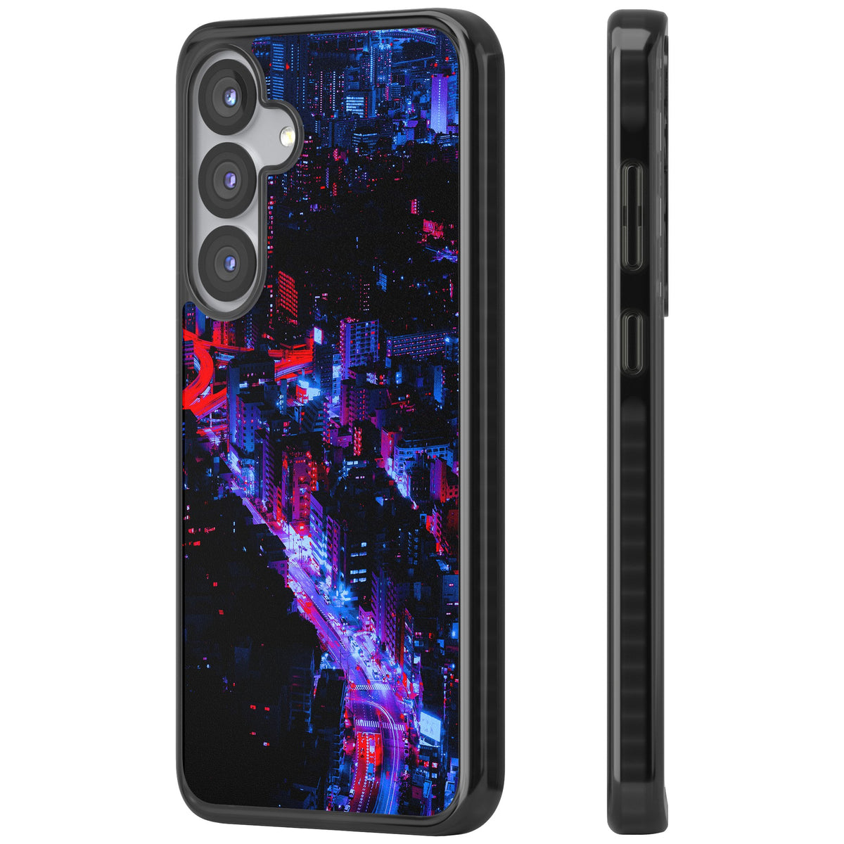 Neon Cityscape Samsung S25 / Samsung S25 Plus / Samsung S26 / Samsung S26 Plus Impact Black Phone Case side